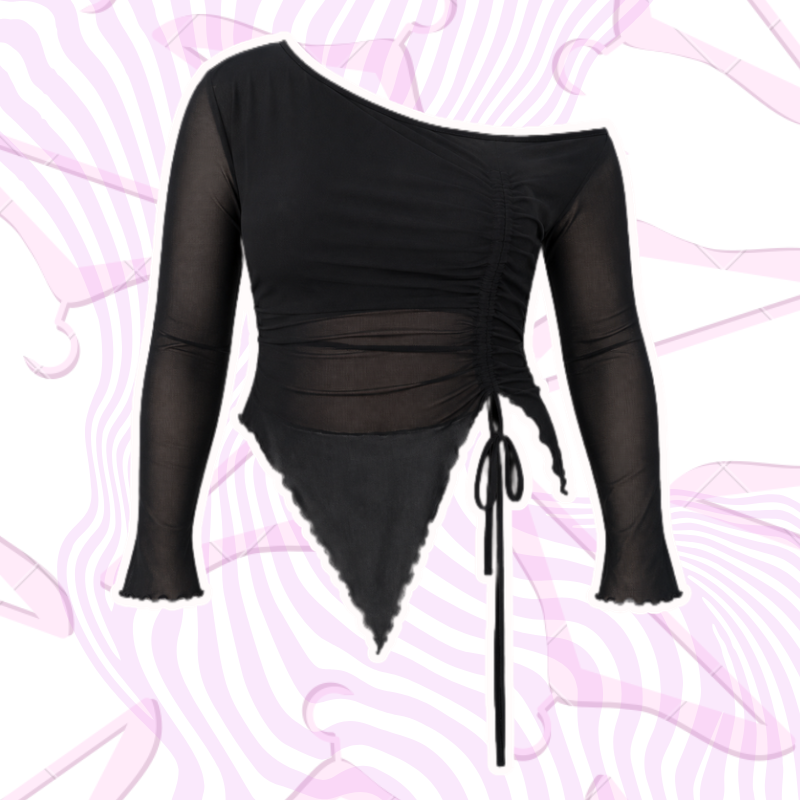 Black Asymetrical Long Sleeve Mesh Top