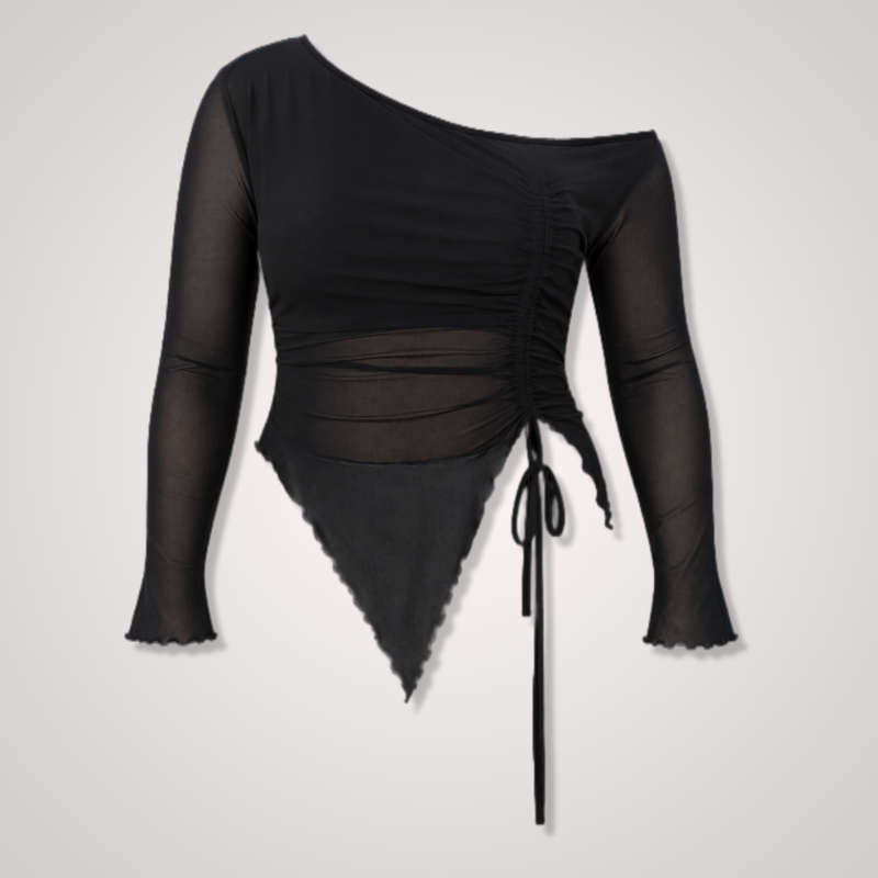 Black Asymetrical Long Sleeve Mesh Top