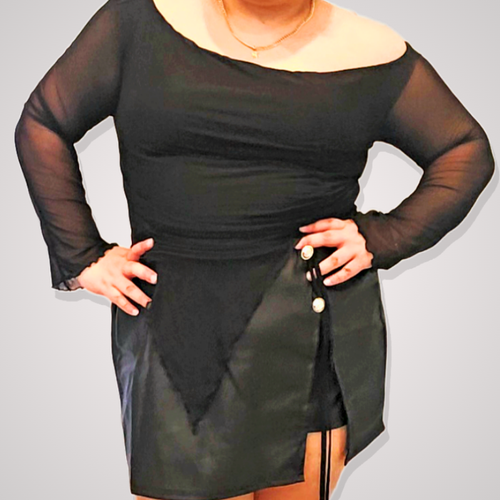 Black Asymetrical Long Sleeve Mesh Top