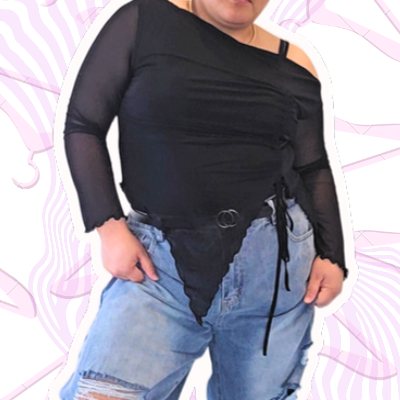 Black Asymetrical Long Sleeve Mesh Top