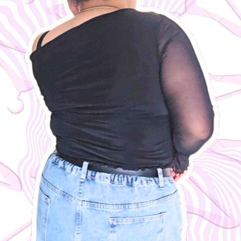Black Asymetrical Long Sleeve Mesh Top