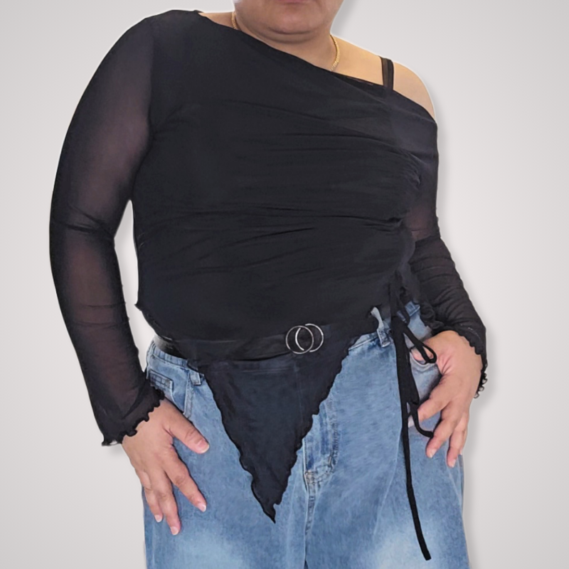 Black Asymetrical Long Sleeve Mesh Top