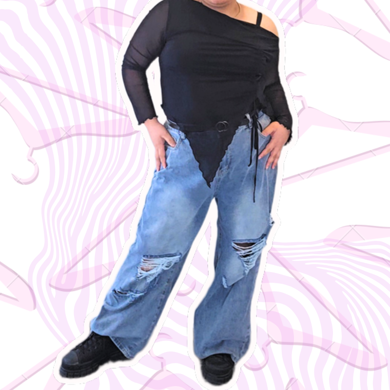 Black Asymetrical Long Sleeve Mesh Top