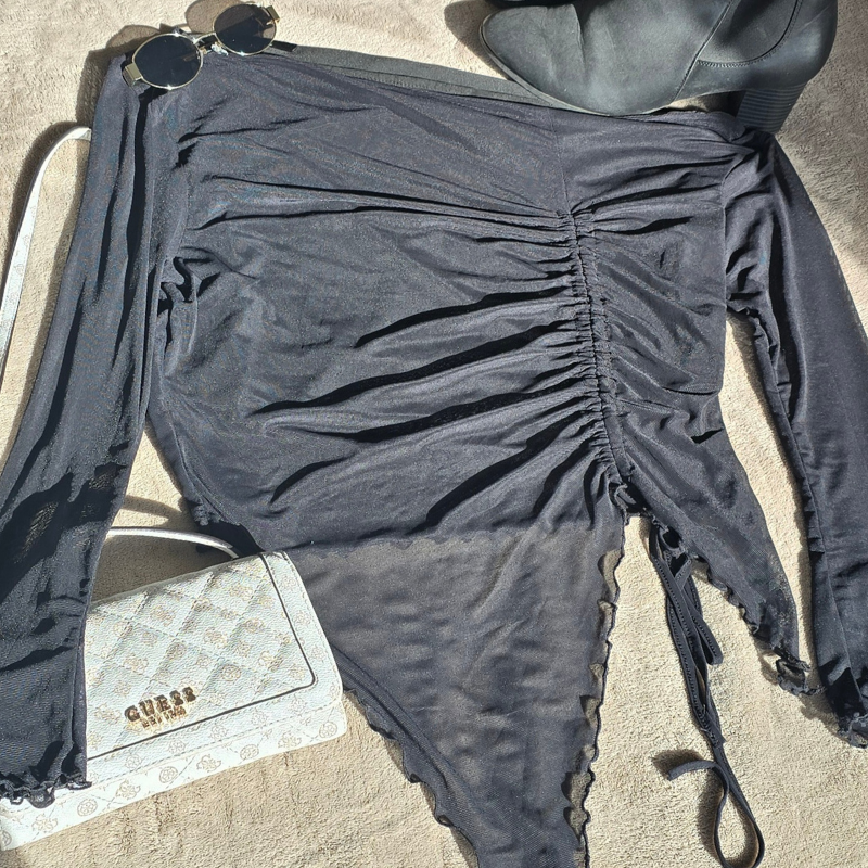 Black Asymetrical Long Sleeve Mesh Top